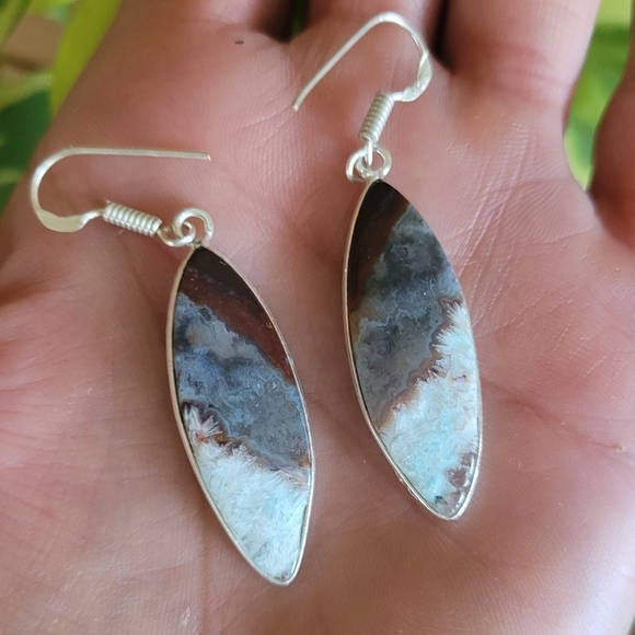 🩵 Laguna Agate Gemstone Earrings 925 Sterling Silver - Picture 2 of 3